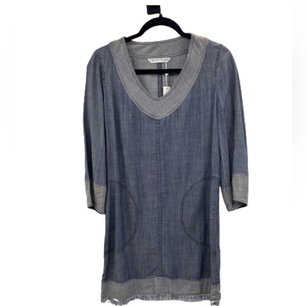 Trina Turk Boho Chic Denim Dress with cutout pockets and frayed hemline. NWT